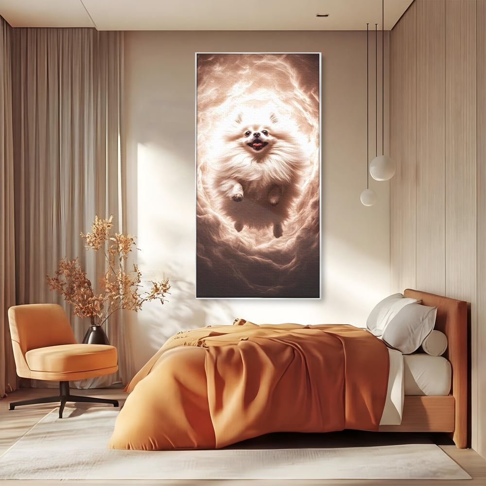 Tablou canvas cu tablou canvas cu caine pomeranian pufos, in rama de aluminiu argintiu, pe perete intr-un dormitor